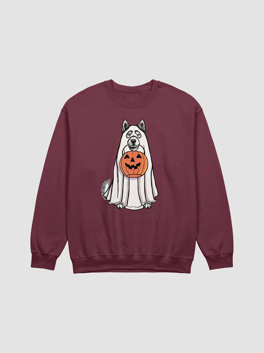 Funny Halloween Alaskan Malamute Sweatshirt | Funny Dog Wearing a Ghost Costume and Holding a Pumpkin Basket product image (3)