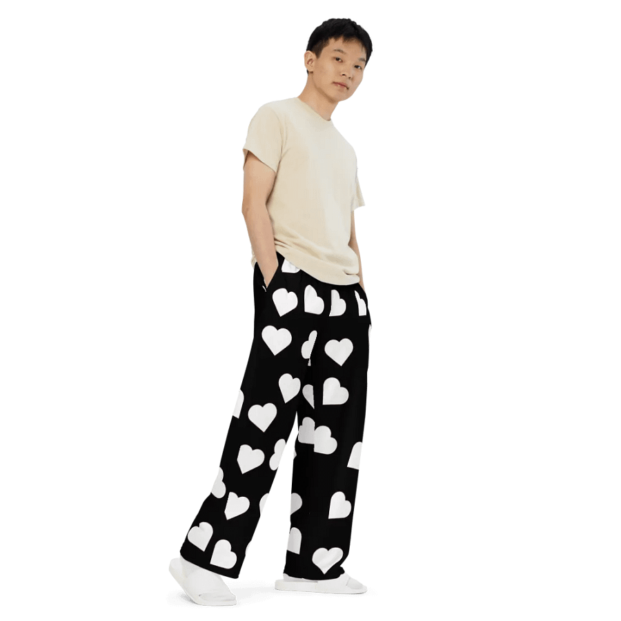 Love Pattern 5 Black and White Unisex Wide Leg Trousers product image (7)