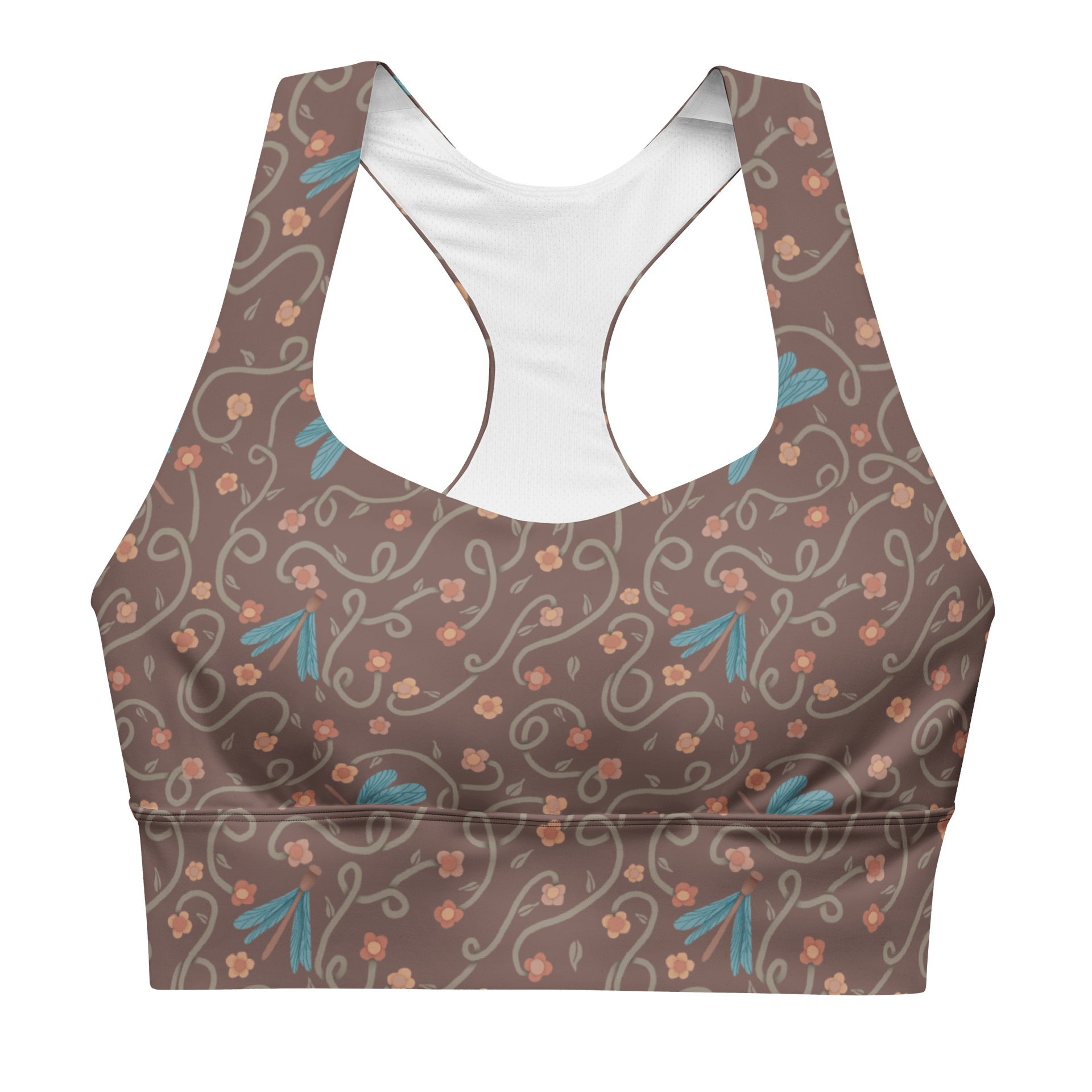 All-Over recycled longline sports bra. Dragonfly and floral artistic activewear product image (2)