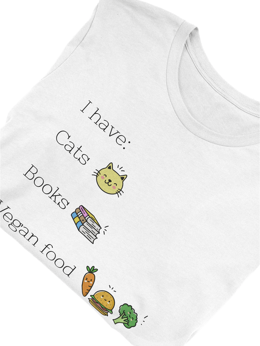“Cats, Books, and Vegan Food” Unisex White T-Shirt product image (3)