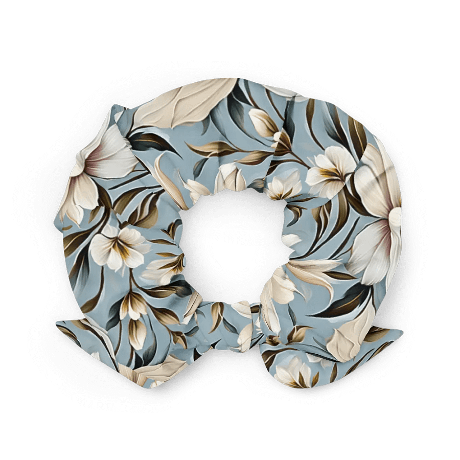 Hair Scrunchie - White and Beige Flowers on a Light Blue Background product image (3)