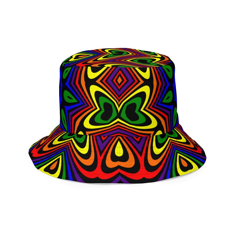 Reverisble Rainbow Bucket Hat, Queer Pride Stars Hearts Psychedelic Art Accessory product image (7)