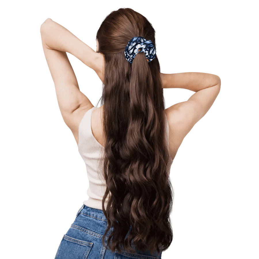 Hair Scrunchie - Floral Pattern in Blue and White on a Dark Blue Background product image (11)