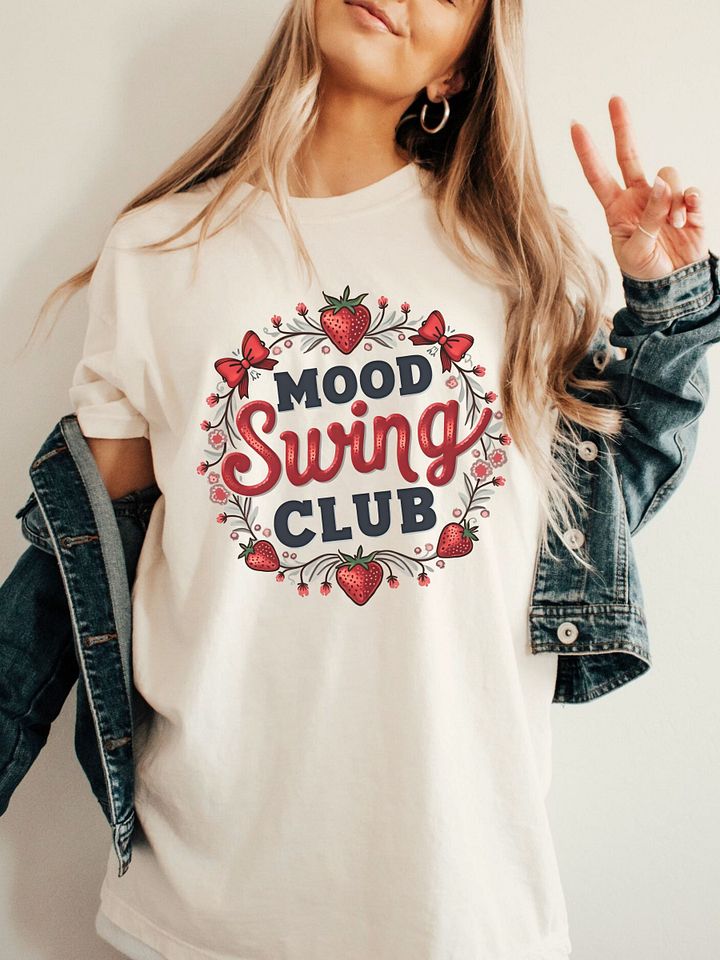 Coquette Aesthetic Mood Swing Club T-Shirt – Red Bows & Strawberries Tee, Soft Girl Style, Vintage Y2K Inspired Graphic Shirt product image (1)