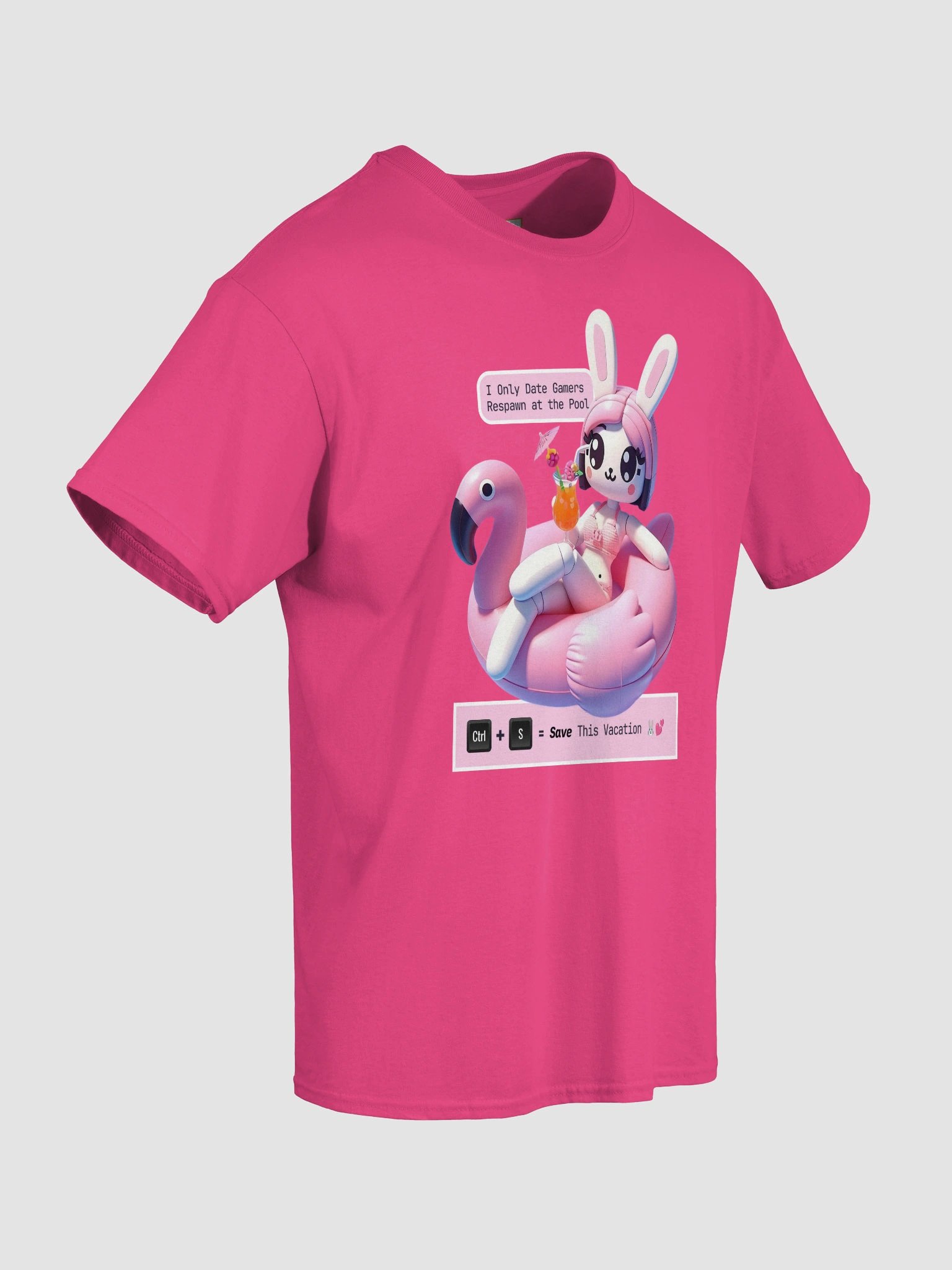 Flirty Bunny Gamer T-Shirt – Funny Poolside Geek Tee with Flamingo Float & Cocktail | Nerd Summer Vibes product image (13)