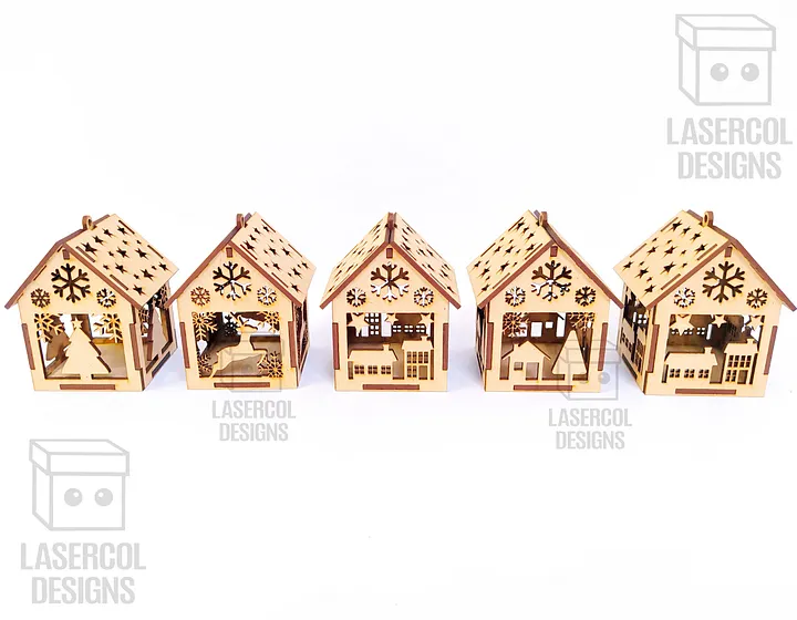 Christmas House Ornaments Set 3 (2 Sizes, 5 Styles) - Laser Cut Files product image (2)