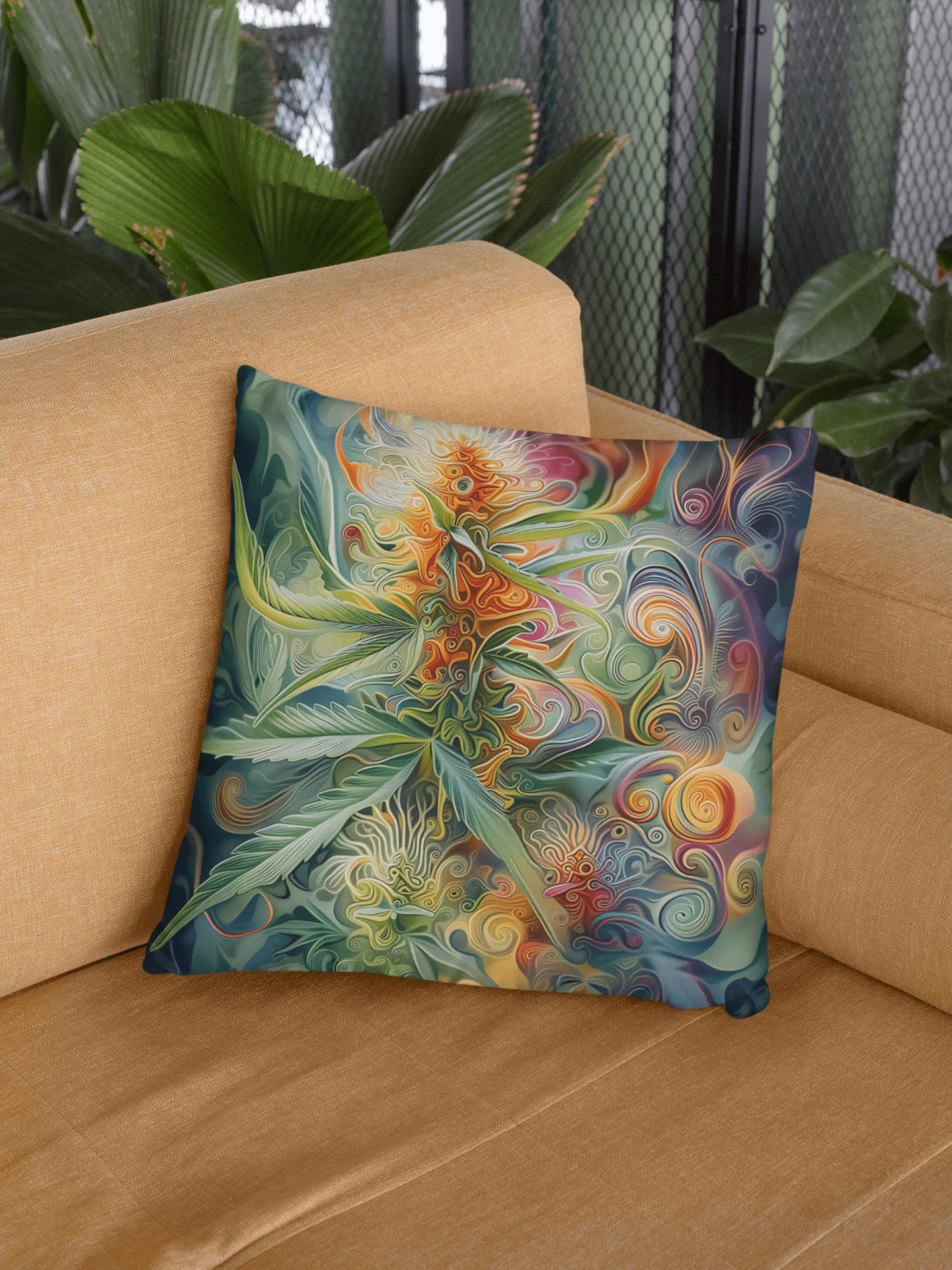 Psychedelic Bloom Cannabis Leaf Pillow – Abstract Trichome Art Vibe for Your Chill Zone product image (1)