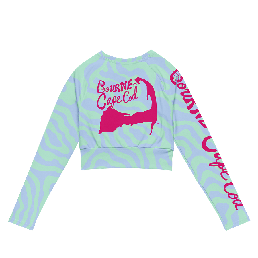 BOURNE to Cape Cod™ Crop Top | BRN.2C.C.™ Coastal Bold | Recycled Long Sleeve Statement Wear 🌊💃☀️ | Vibrant Pink Logos on Pastel Zebra product image (7)