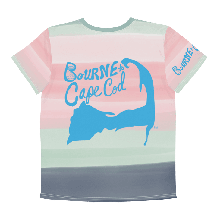 🦩YOUTH | Girls’ | BOURNE to Cape Cod™ | Logo Tee – All-Over Print | BRN.2C.C.™ | Coastal Cutie Vibes💖 | Blue Logo on Horizon Stripes | Pink, White & Gray product image (2)