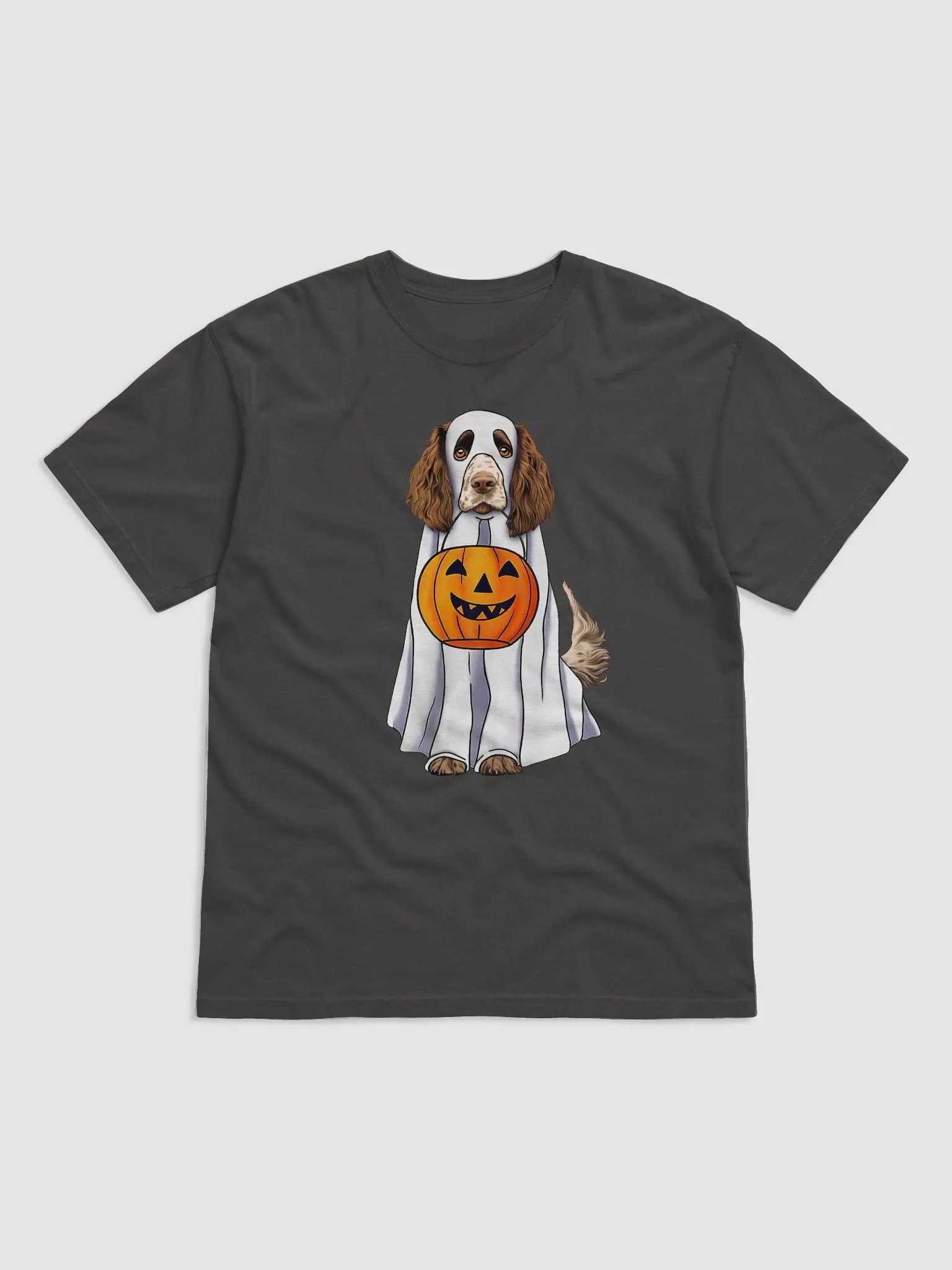 Springer Spaniel Halloween Tee | Funny Fall & Halloween Spaniel Wearing Ghost Costume w/ Pumpkin Basket product image (7)