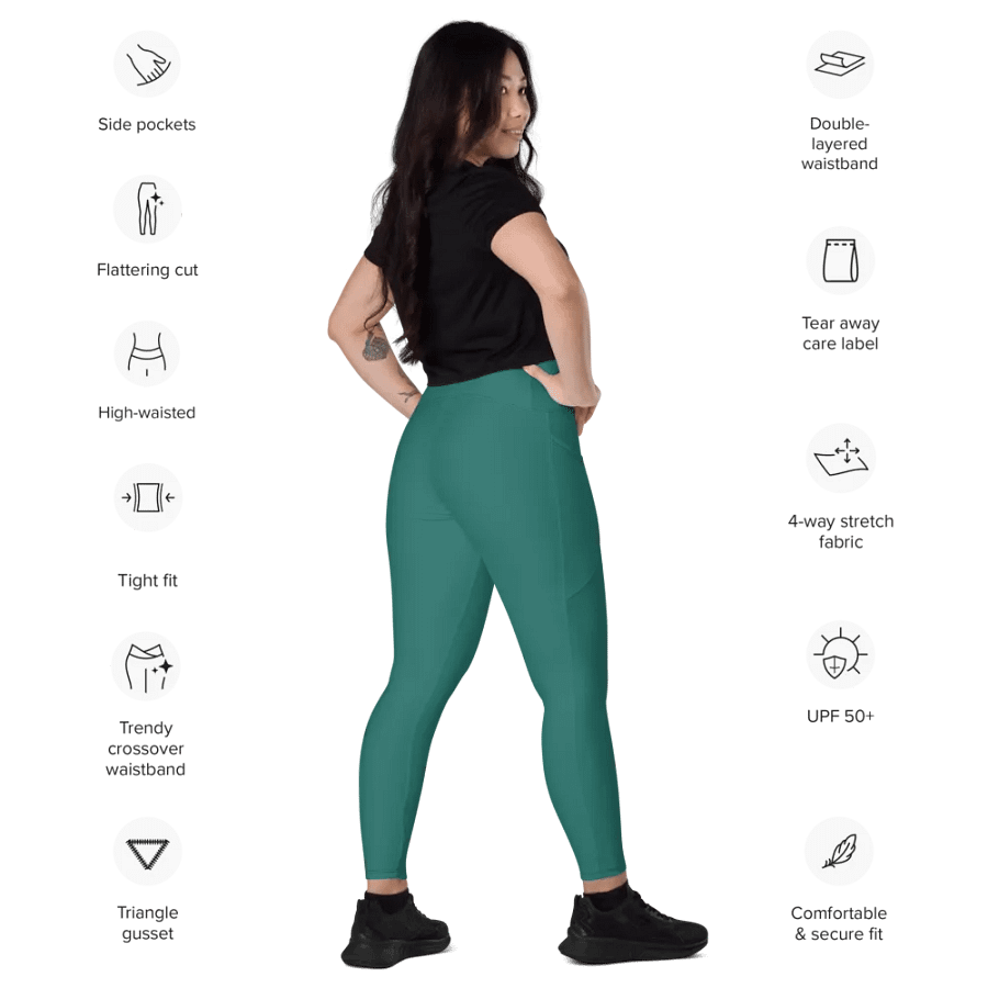 Plain Medium Teal Green True Summer Women's High Waisted Premium Crossover Leggings with Pockets by Treasure Pie product image (12)