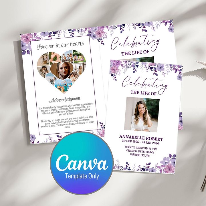 Purple Flowers Funeral Program Canva Template product image (1)