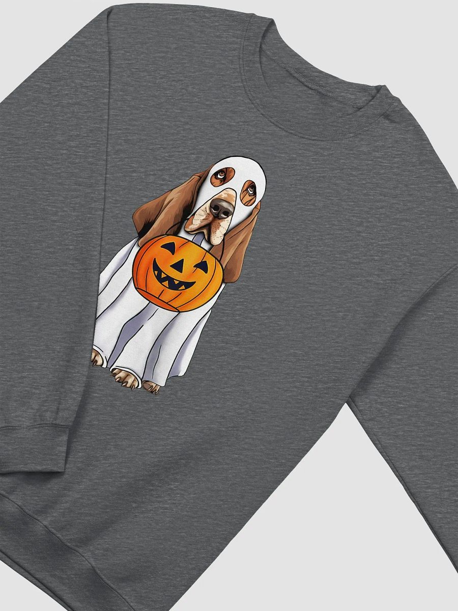 Basset Hound Halloween Sweatshirt | Funny Halloween Basset Hound Wearing Ghost Costume with Pumpkin Basket product image (8)
