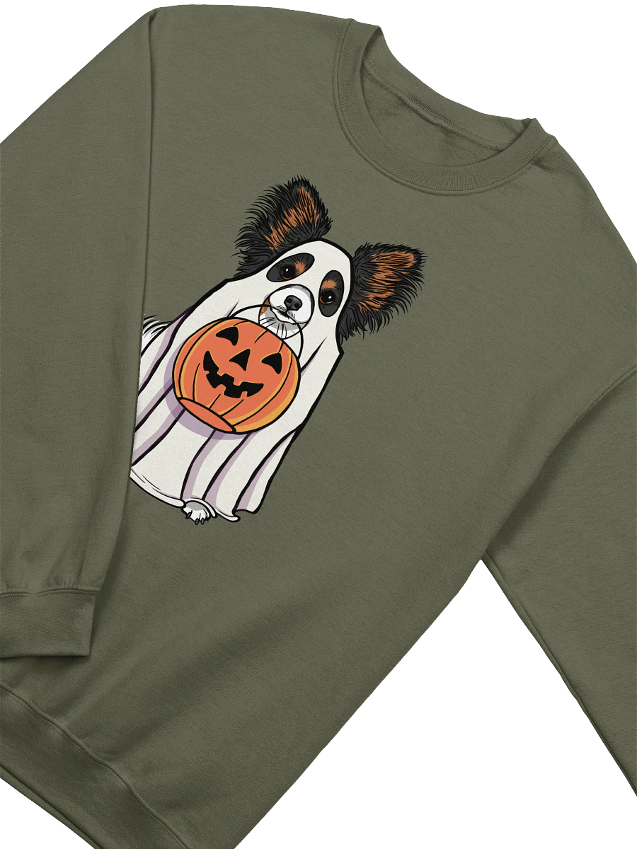Funny Halloween Papillon(Tricolor) Sweatshirt | Funny Papillon Wearing a Ghost Costume and Holding a Pumpkin Basket product image (14)