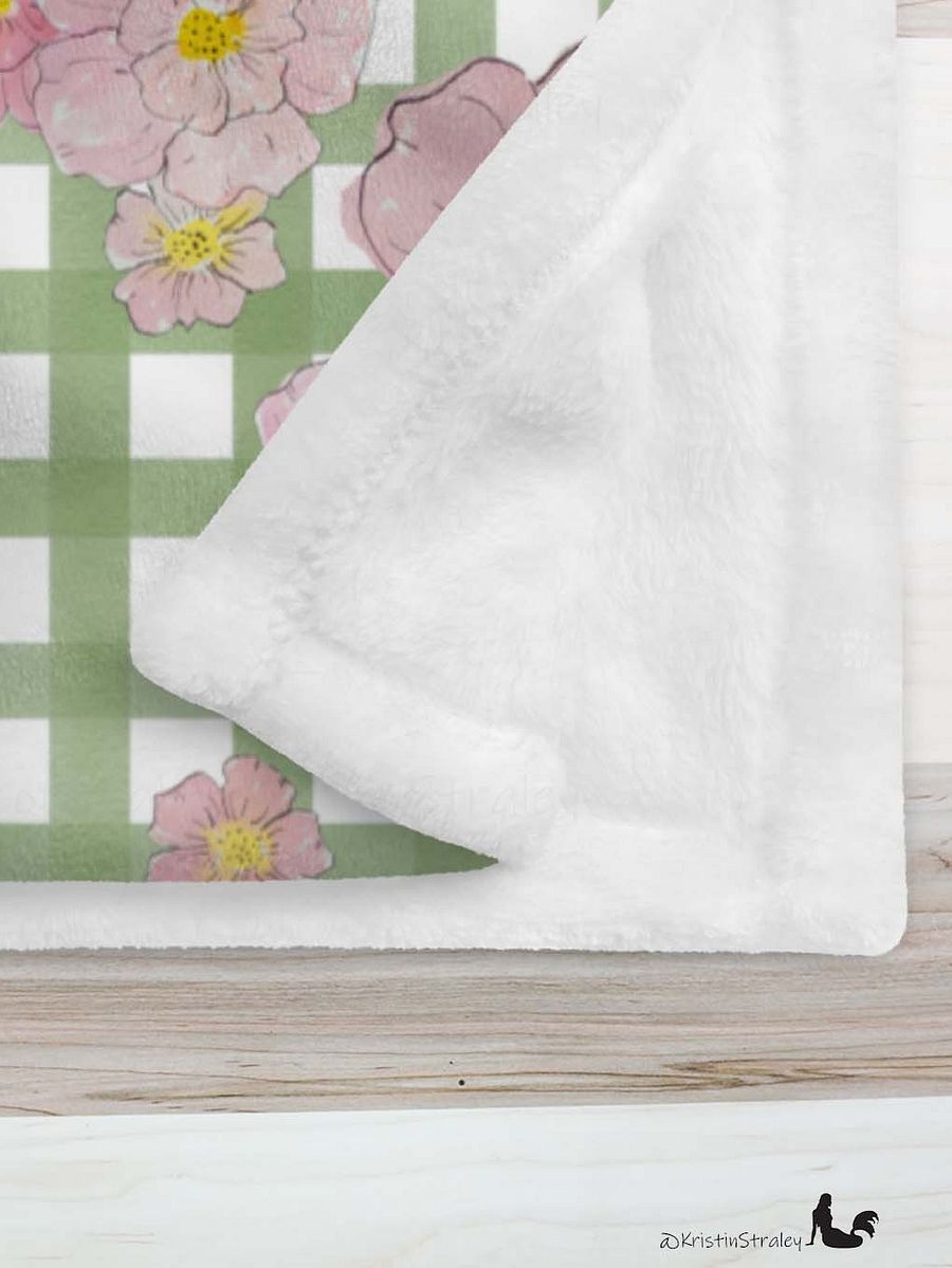 Pink Flowers on Green Gingham Fleece Throw Blanket product image (2)