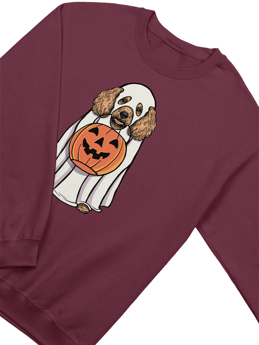Funny Halloween Mini Poodle(Apricot) Sweatshirt | Funny Poodle Wearing a Ghost Costume and Holding a Pumpkin Basket product image (13)