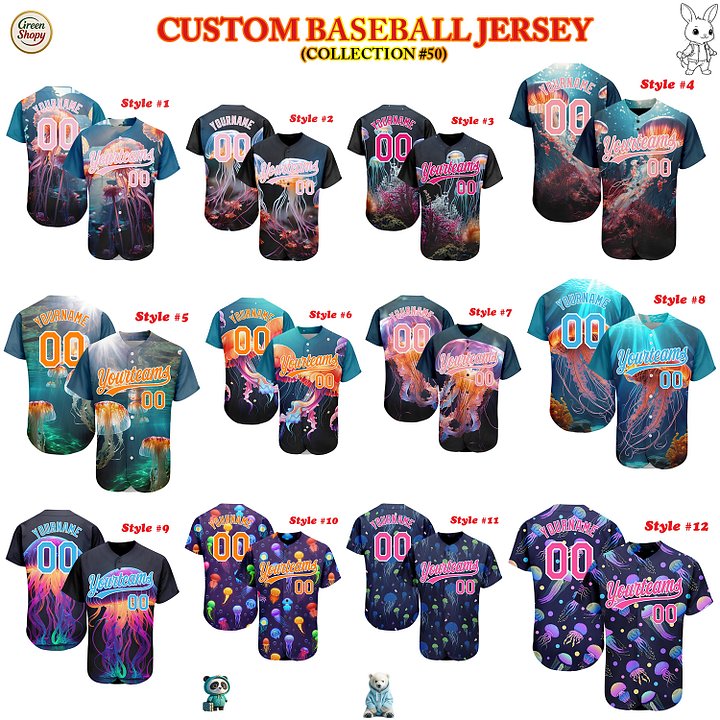 Authentic Baseball Jersey, Custom Baseball Jersey, Personalized Sport Jersey, Colorful, Number, 3D Jellyfish, Ocean product image (181)