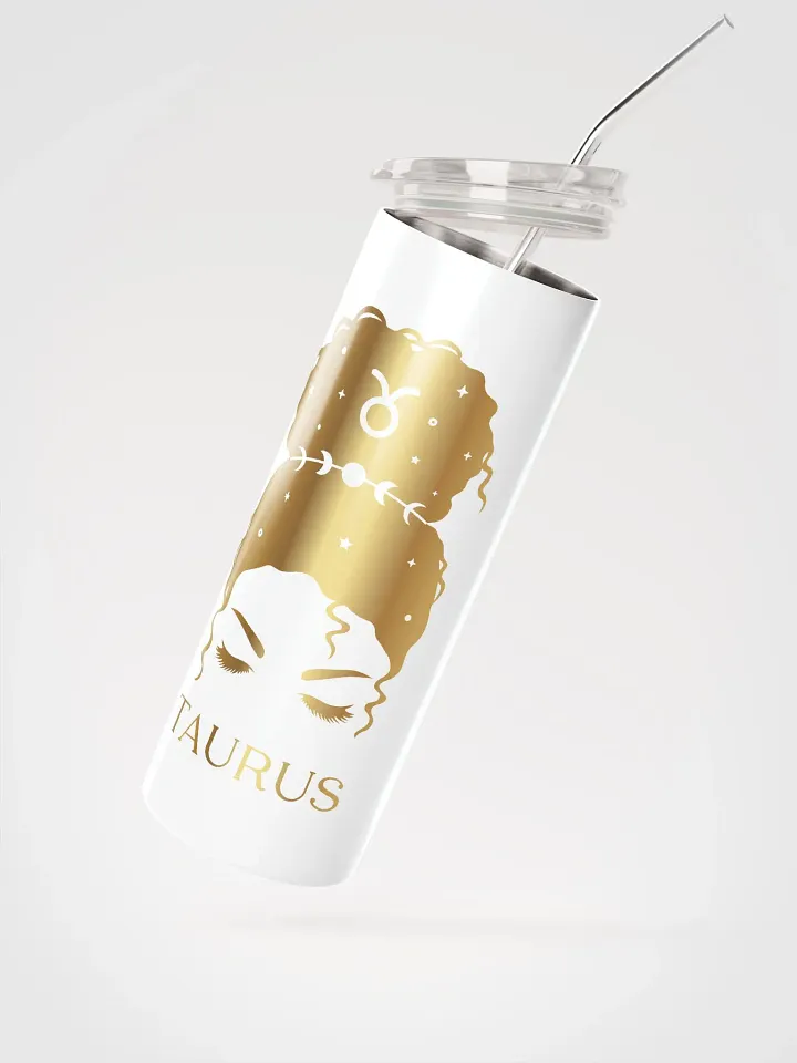 Chic & Celestial: White Taurus Steel Tumbler with Golden Messy Bun Design product image (2)