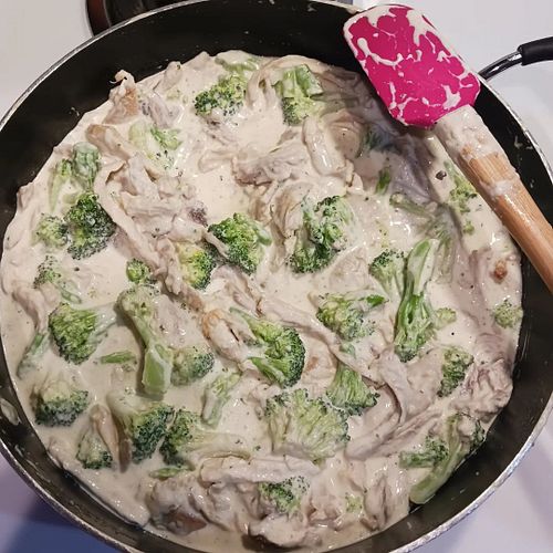 Quick Alfredo sauce with shredded chicken thigh meat and steamed broccoli