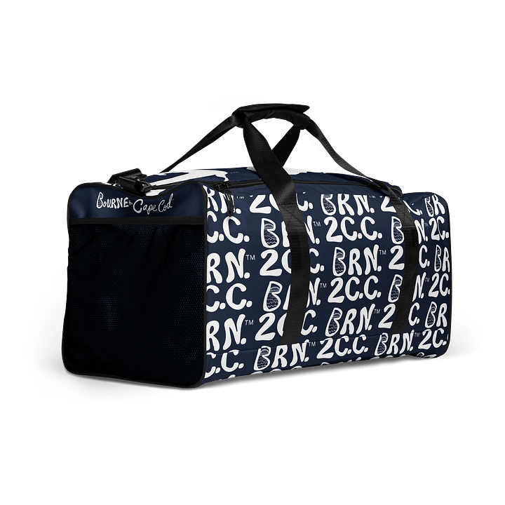 BOURNE to Cape Cod™ | Duffle Bag | BRN.2C.C.™ | Coastal Gym & Travel Gear | 22" All-Over Print Weekender | White Logos on Navy Blue product image (2)
