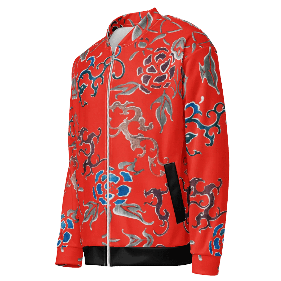 Red Oriental Floral Zip-Front Unisex Bomber Jacket product image (12)