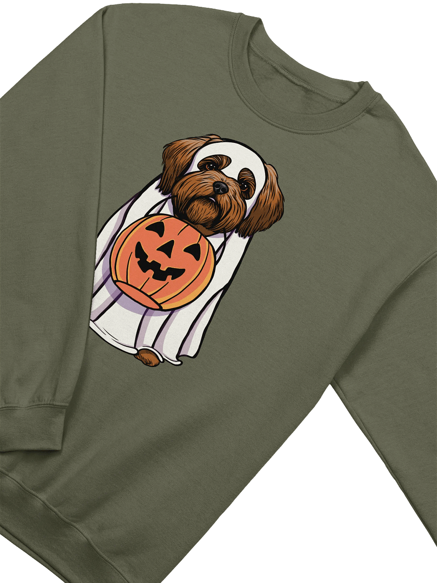 Funny Halloween Shih Tzu(Red) Sweatshirt | Funny Dog Wearing a Ghost Costume and Holding a Pumpkin Basket product image (18)