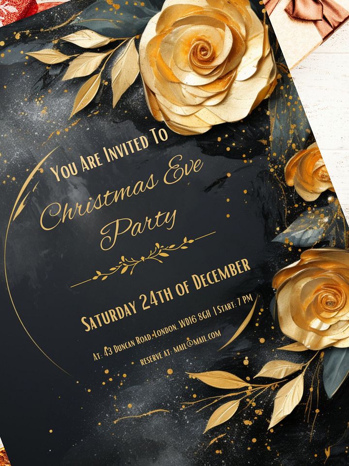 3D Golden Roses Christmas Eve Party Invitation | Editable in Canva | Christmas Party Printable | Holiday Invitation Template | Link to Canva product image (1)