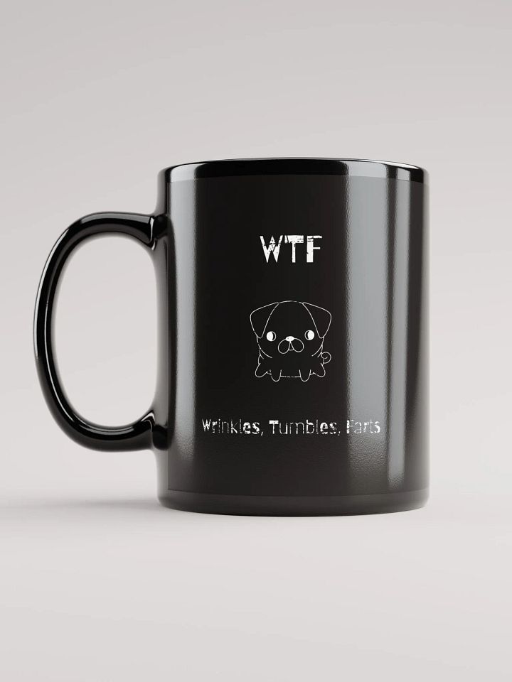 Pug WTF wrinkles tumbles farts, funny pun, cute joke, smelly dog, ambidextrous left-handed right-handed tea coffee mug product image (2)