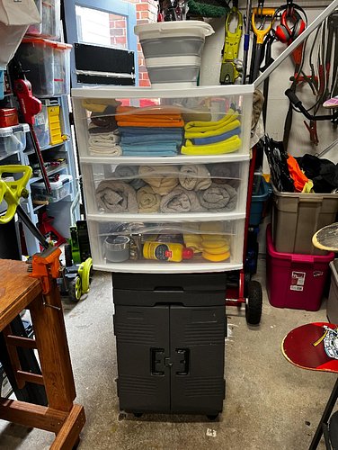 The turducken of garage items. A 20+ year old rolling plastic tool cart with a 3 drawer sterile bin zip tied with brackets I ...