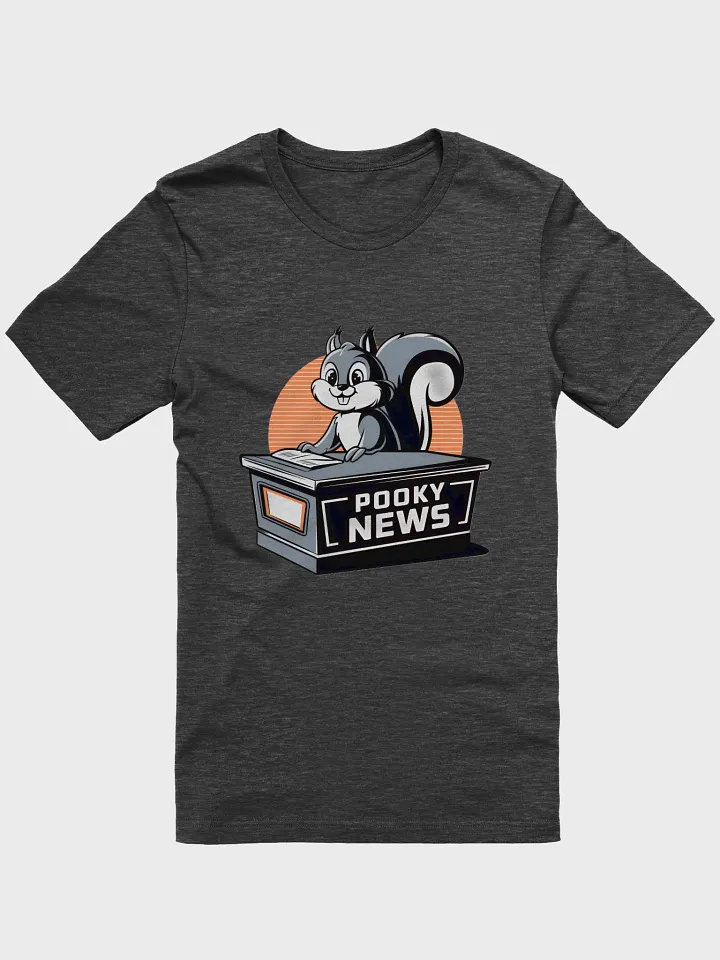 Super Soft and Flattering Tee: Pooky News, Grey Desk with orange product image (1)