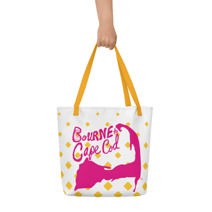 BOURNE to Cape Cod™ | Large Tote Bag with Pocket | Coastal Classic | All-Over Logo Print | Pink Logo | Retro Mod Yellow Diamond product image (1)