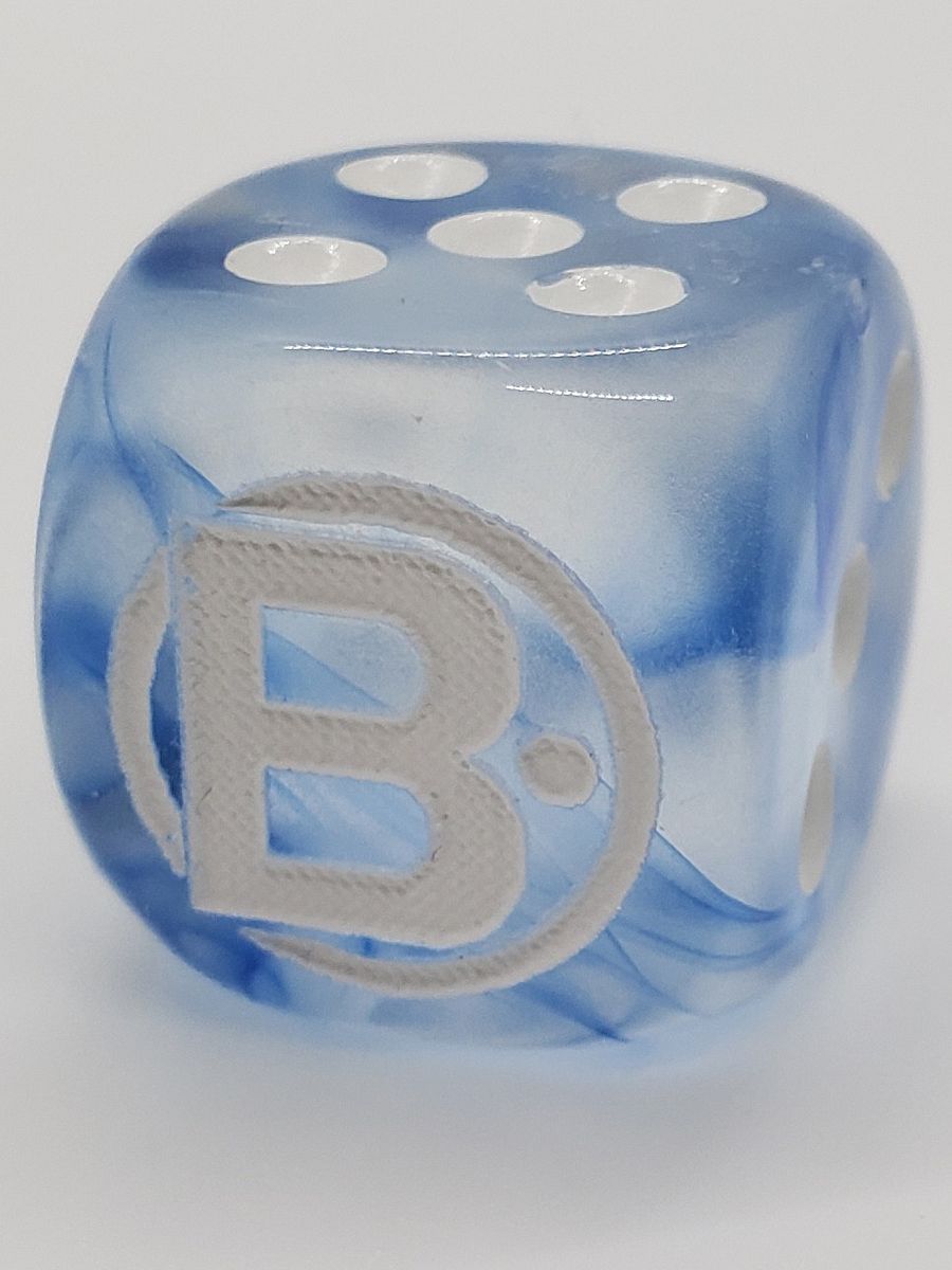 B-Dot Logo Dice - Clear and Blue Swirl D6 product image (1)