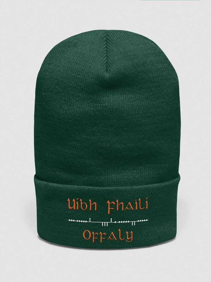 Offaly/Uíbh Fhailí Scholastic style Ogham, Green with white and orange, embroidered Cuffed Beanie product image (1)