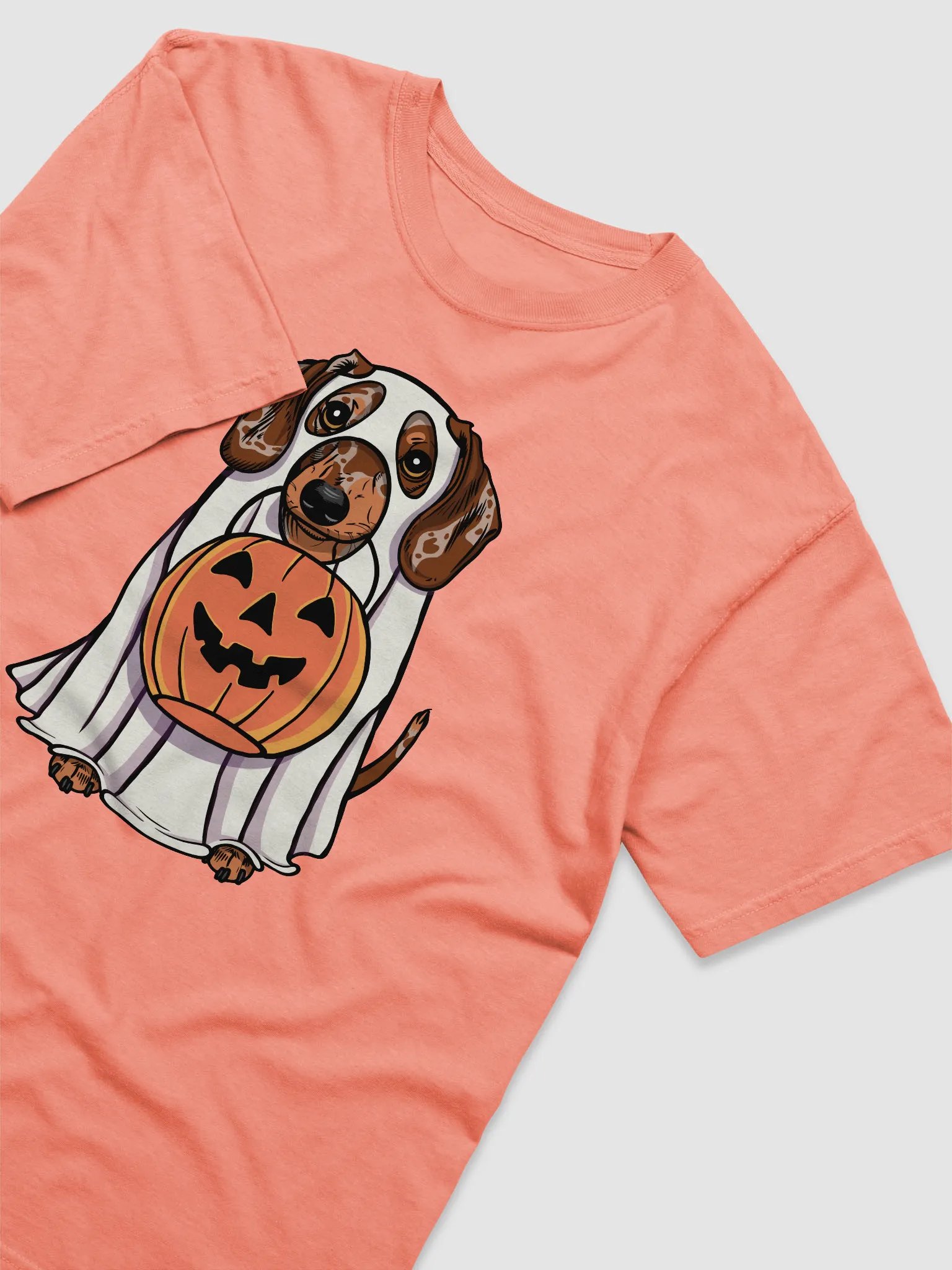 Funny Halloween Dachshund(Dapple 2) T-Shirt | Funny Doxie/Wiener Wearing a Ghost Costume and Holding a Pumpkin Basket product image (6)