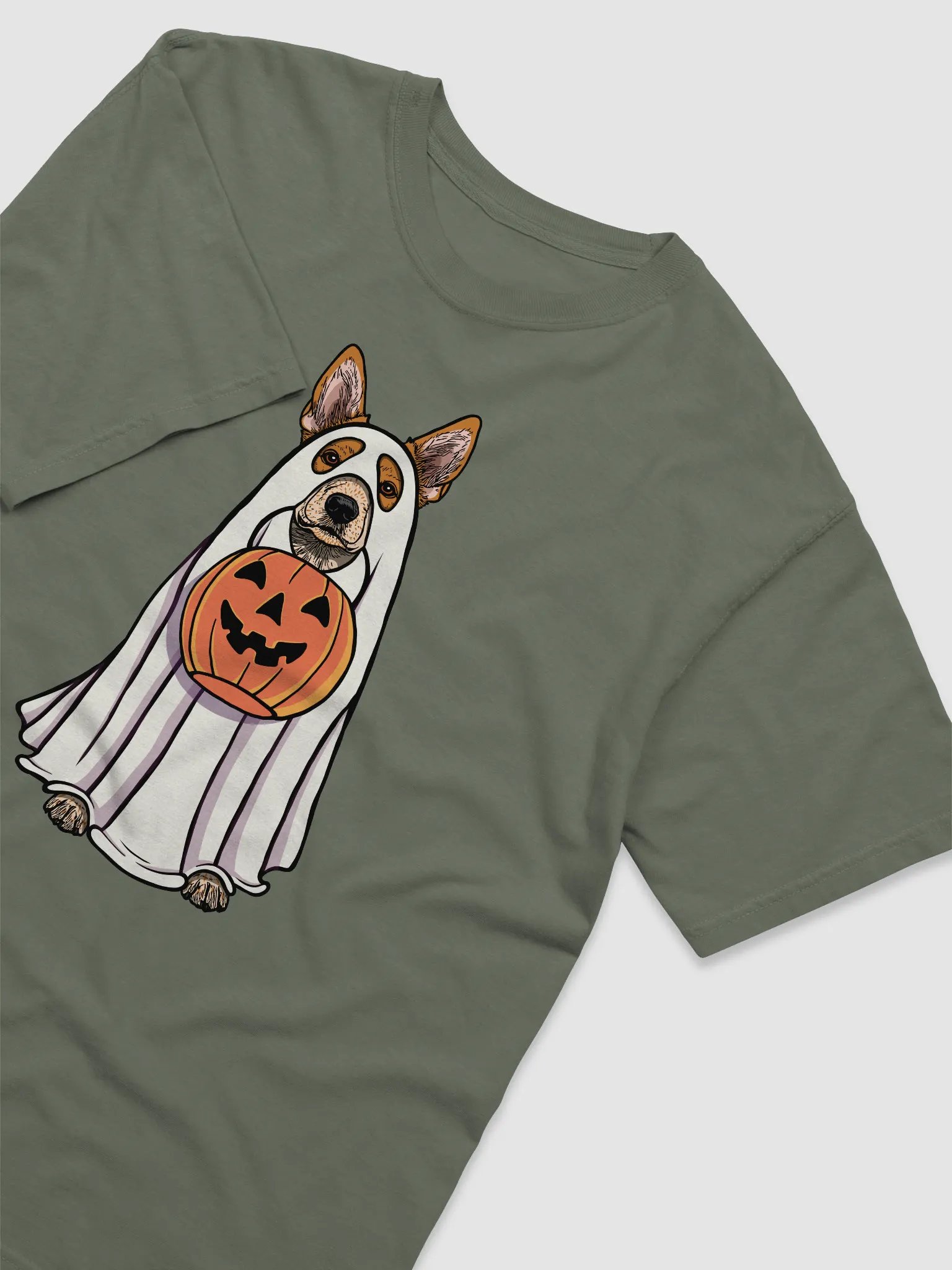 Funny Halloween Australian Cattle Dog(2) T-Shirt | Funny Red Heeler Wearing a Ghost Costume and Holding a Pumpkin Basket product image (14)