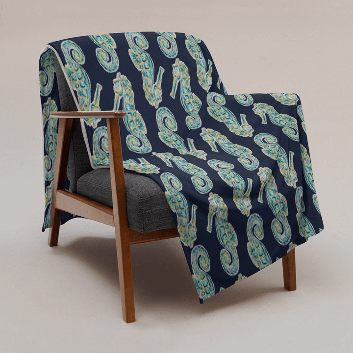 Painted Seahorses on Navy | Cozy Coastal Throw Blanket | by Monique Faella Designs™ product image (1)