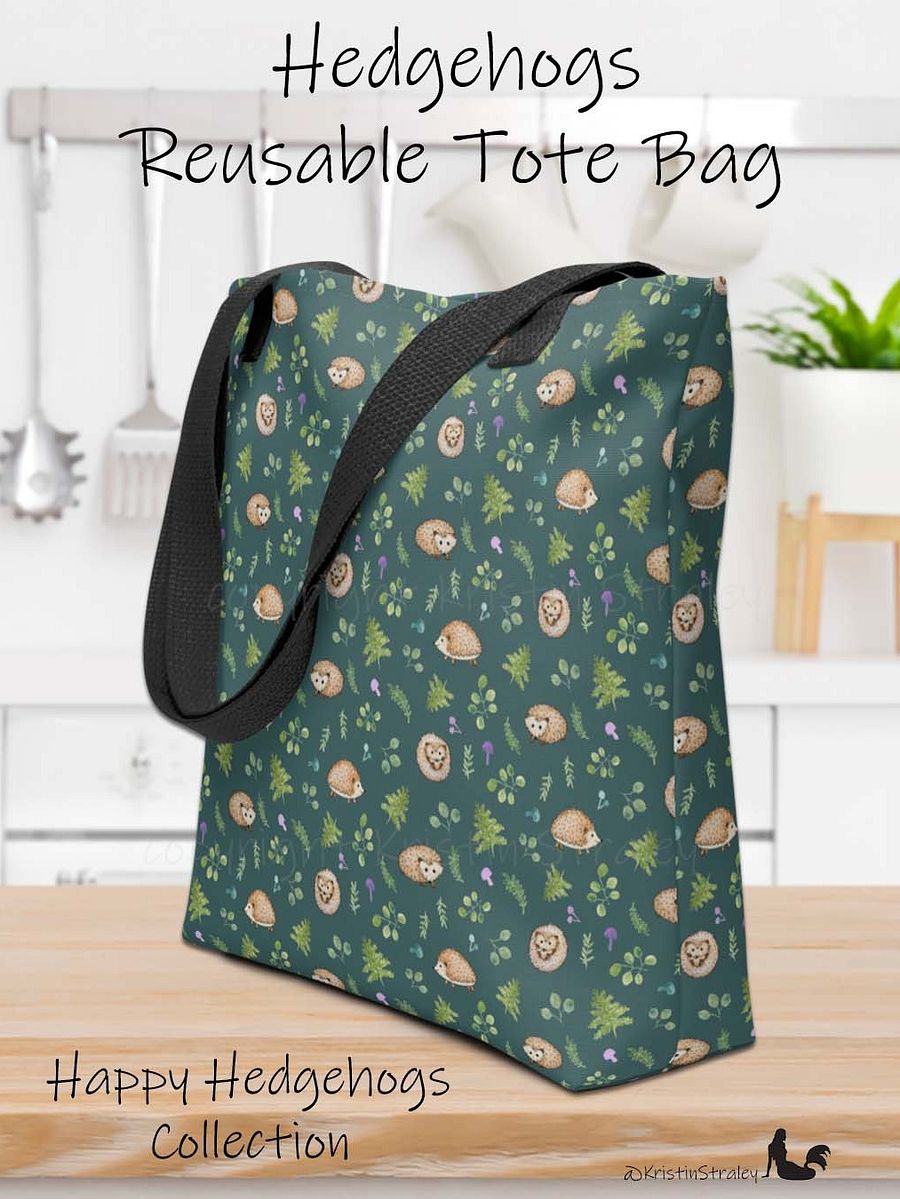 Hedgehogs with Ferns and Mushrooms on Dark Teal Tote Bag product image (1)