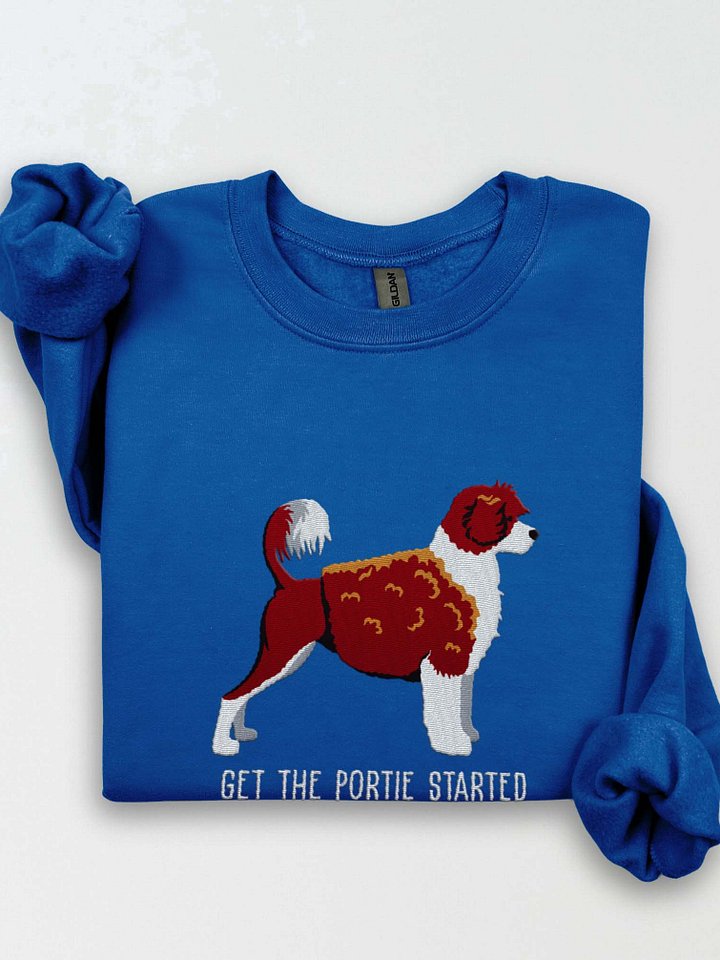Get the Portie Started Sweatshirt (Embroidered) of a Portuguese Water Dog(Chocolate & White) product image (1)