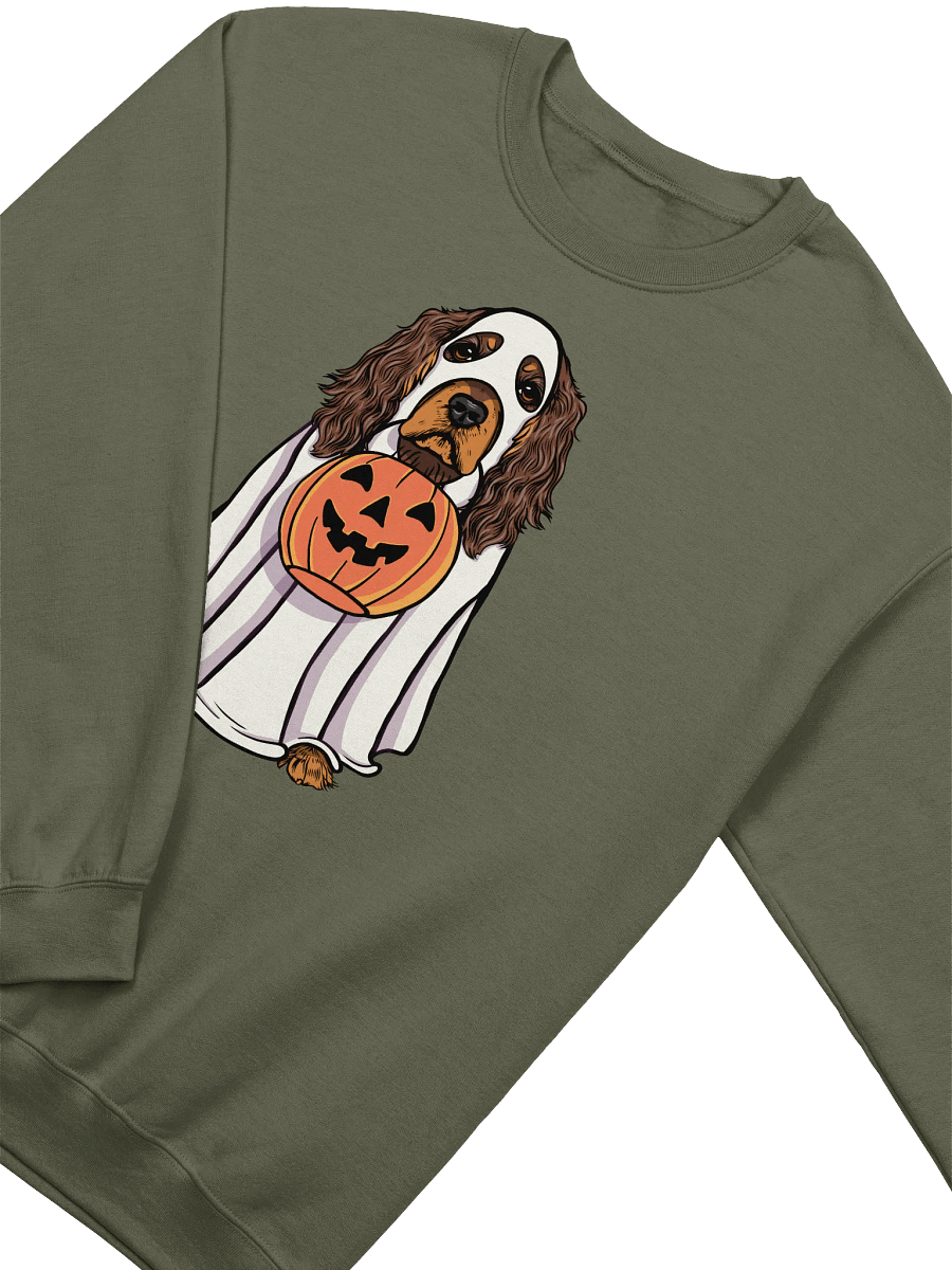 Funny Halloween Cocker Spaniel(Liver & Tan) Sweatshirt | Funny Cocker Spaniel Wearing a Ghost Costume and Holding a Pumpkin Basket product image (18)