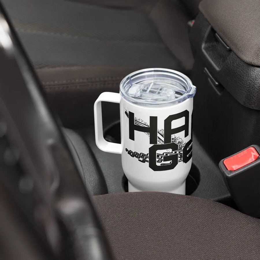Travel Mug with a Handle - Black HApex Gear White Logo product image (8)