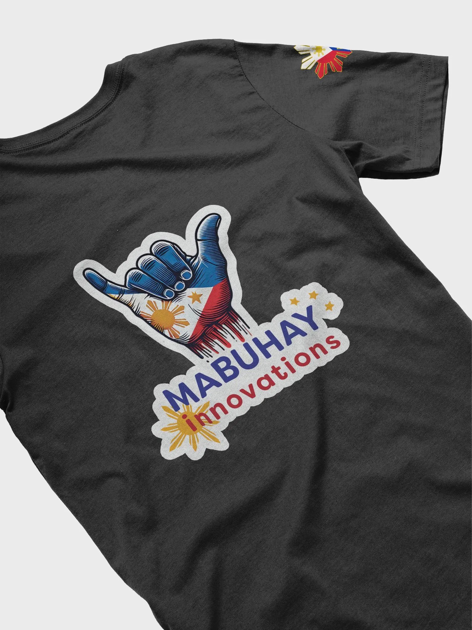 Mabuhay Innovations Supporter T-Shirt with Vibrant Philippine Flag Shaka Hang Loose Hand Gesture Sign product image (4)