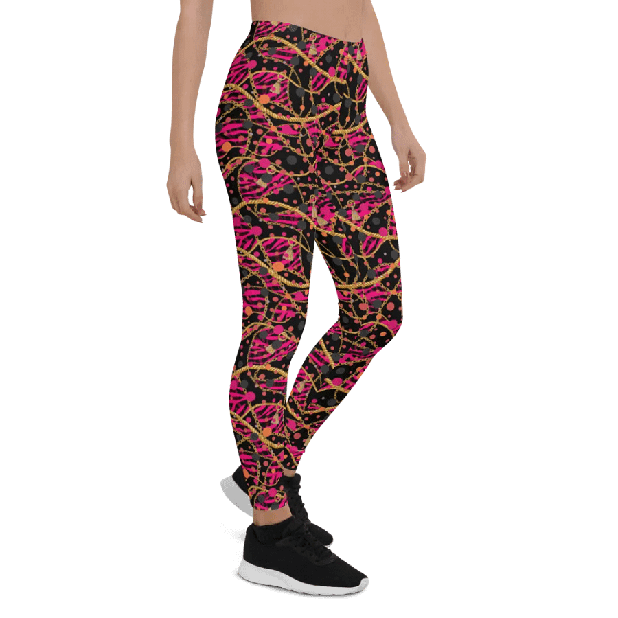 comfortable ladies leggings in funky arty red pink and gold design  on black design for those that  like the unusual. product image (7)