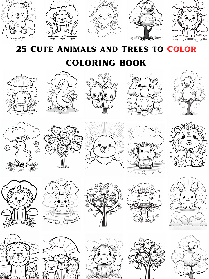 25 CUTE ANIMALS AND TREES TO COLOR 🎨 PRINTABLE ANIMALS COLORING BOOK 🖍 product image (1)