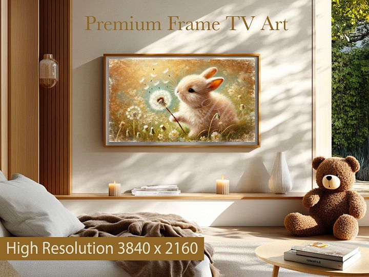 Samsung Frame TV Art, Neutral Spring Easter Bunny Dandelion Painting, Digital Download product image (2)