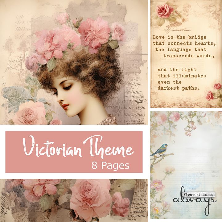 Victorian Style Journal and Scrapbooking Cards - Printable Set of 8 (4x6 inches) with Pretty Ladies, Pink Roses, and More product image (1)