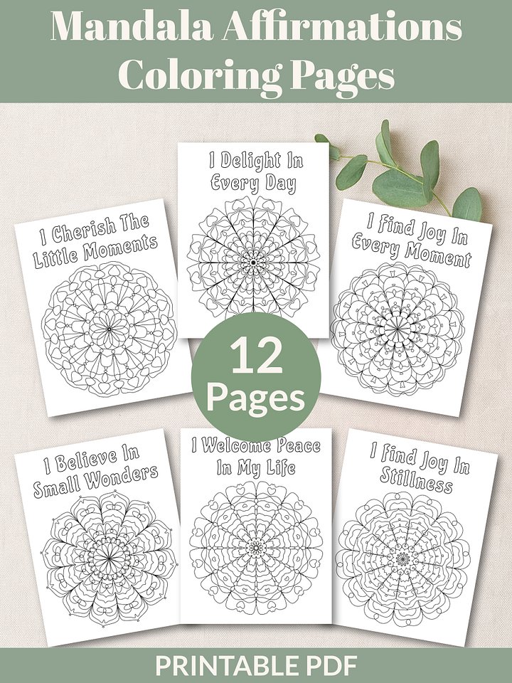 Affirmation And Mandala Coloring Pages – Printable Set of 12 product image (1)