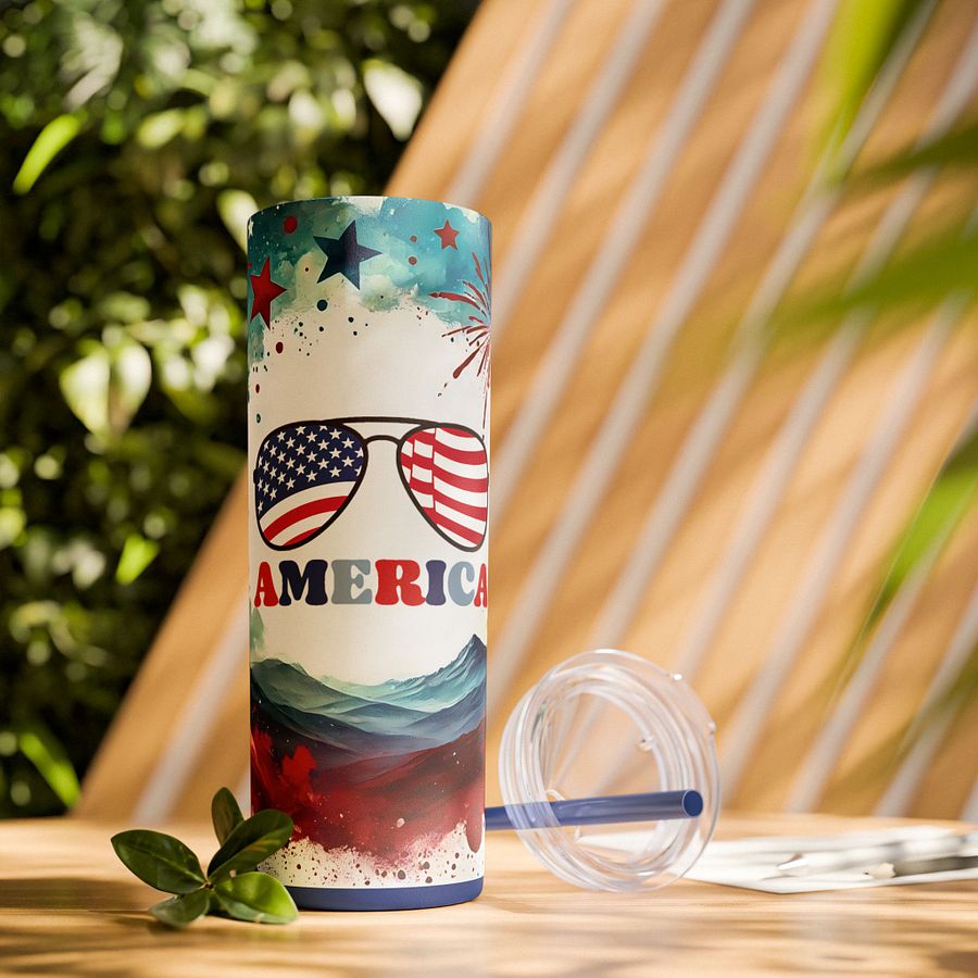 Patriotic 4th of July Tumbler Wrap | America Sunglasses Sublimation PNG | Red White Blue Fireworks 20oz Skinny Tumbler Design product image (5)