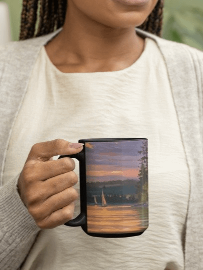 Sunset Lake Sailing, Black Glossy Mug product image (1)