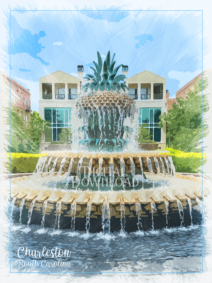 Charleston, South Carolina Famous Pineapple Fountain Digital Watercolor Image Download product image (1)