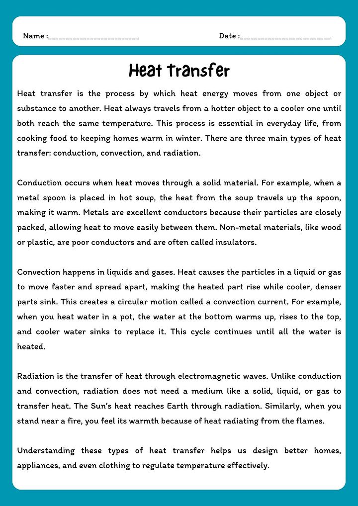 Heat Transfer Reading Comprehension Passage & Questions product image (1)
